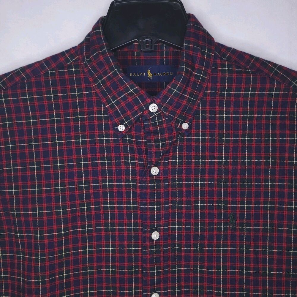 Ralph Lauren Shirt Mens Large Plaid Red, Navy Pony
